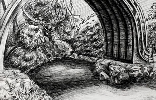 A black and white ink drawing of a Japanese bridge with an extreme curve spanning over a small body of water surrounded by plants.